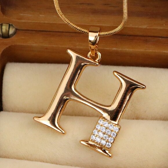 "Rose Gold H Initial Pendant with Sparkling Crystals for Women, XPPT1419 - Picture 1 of 13